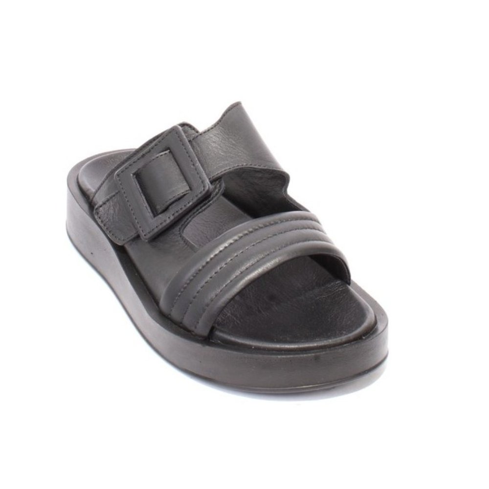 WOz 2585 Black Leather Platform Slides Sandals Shoes